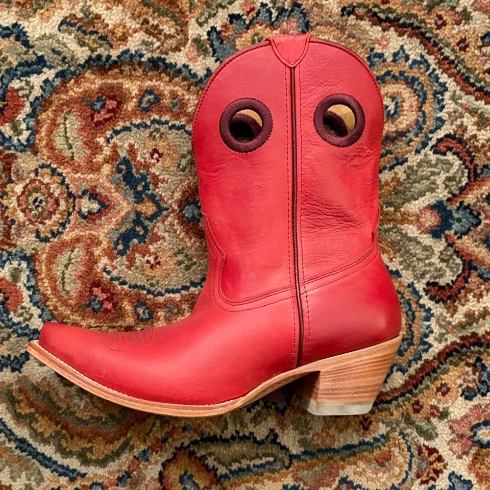 BLACK STAR NWT Red Leather Western Boots w stacked heel, handcrafted in Mexico - Picture 6 of 8